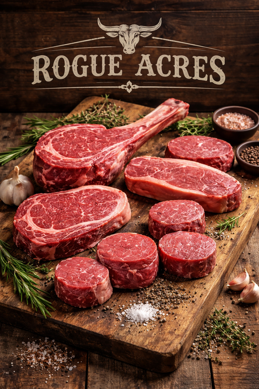 Rogue Acres Cross Rib Roast premium marbled beef cuts from pasture-raised cattle, packaged and ready for cooking, locally produced in Chatham, Ontario.
